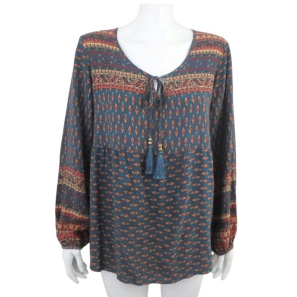 Lascana Blue Print Boho Top Long Sleeve Tassel Tie Elastic Cuff